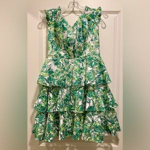 Lilly Pulitzer green floral dress in size 4 with ruffles, off the shoulders